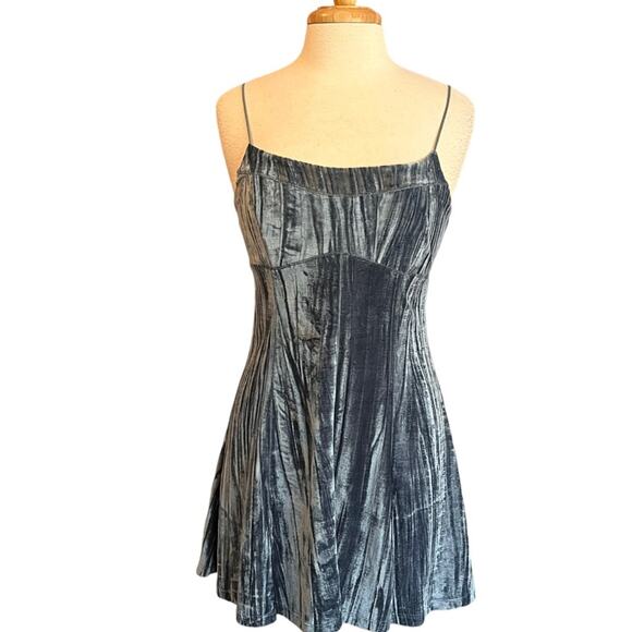 Ice Blue Velvet Baby Doll Mini Dress Womens Medium Fit Flare Y2K New With Tags - Picture 1 of 11
